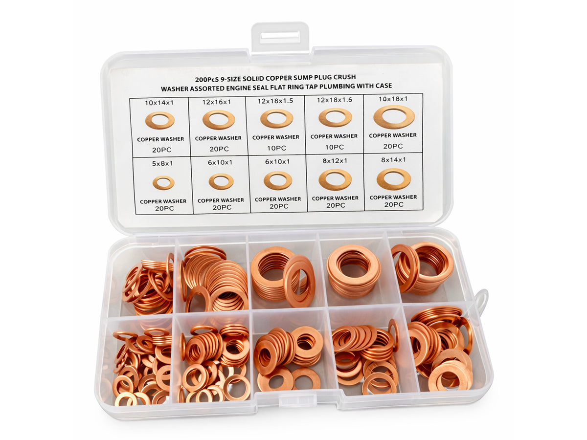 Kit-set assortimento rondelle in rame, guarnizione per il fissaggio degli accessori, 200 pezzi Gebo Tools
