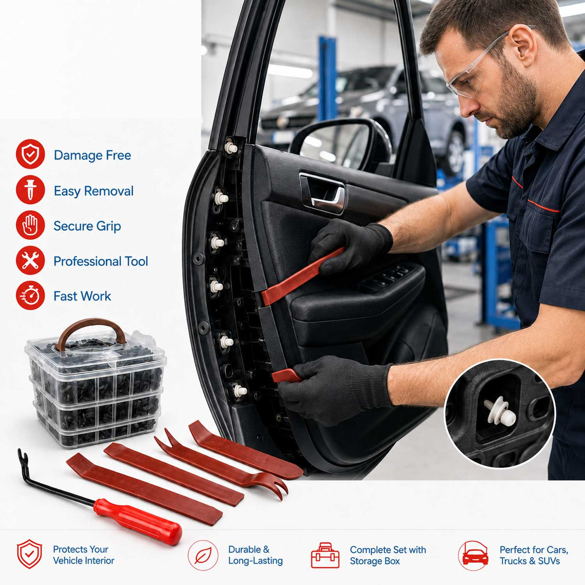 Set-kit strumenti di rimozione clips auto,utensili di smontaggio per auto porta pannello, cruscotto auto, radio,interno auto, fissaggi auto universali, 620 pezzi Gebo Tools