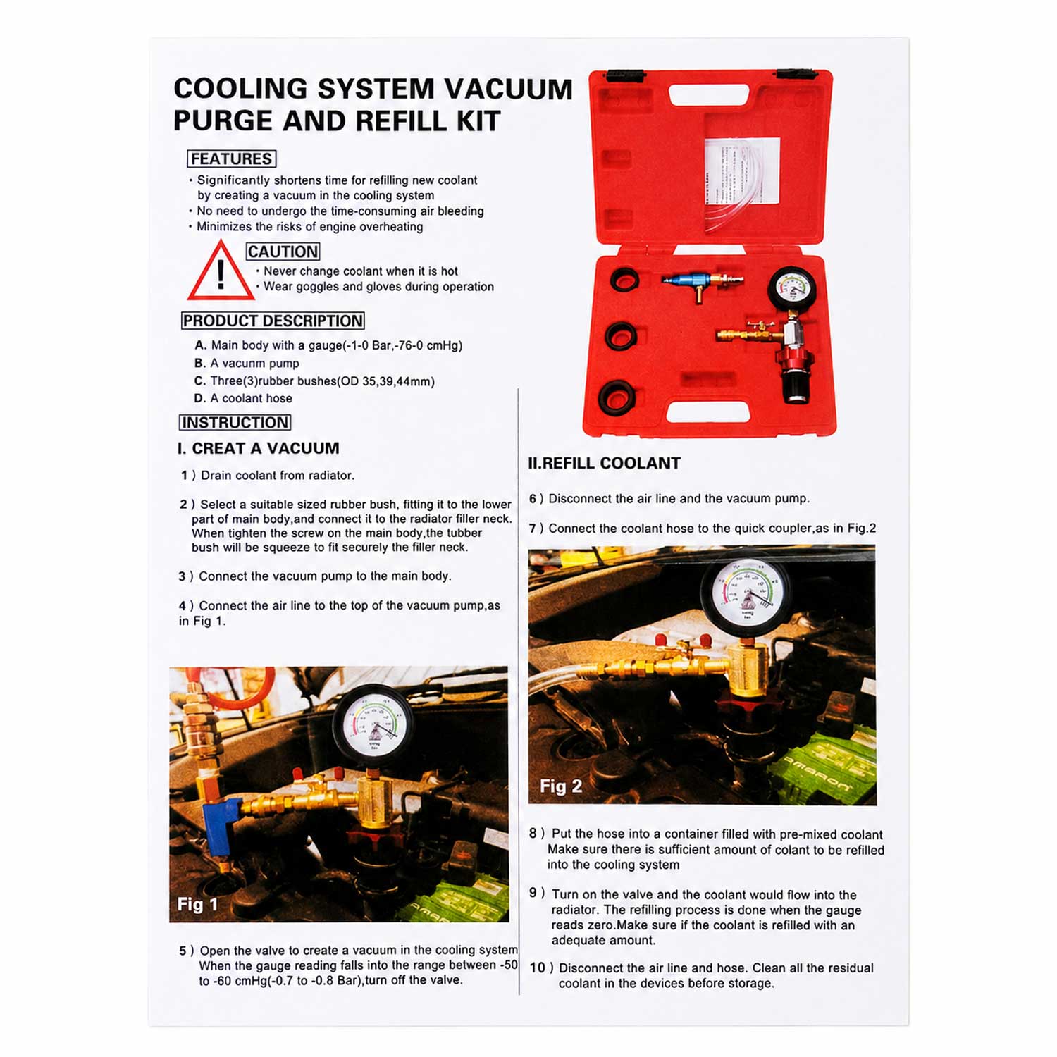 Set strumenti di riempimento e spurgo per impianto raffreddamento auto, kit utensili professionali per sistema di raffreddamento del radiatore, ricarica del liquido refrigerante  Gebo Tools