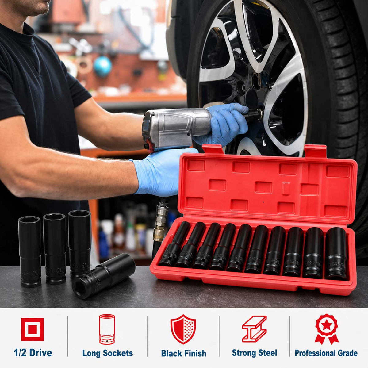 Set-kit chiavi a bussola a impatto lunghe 1/2'', 8-24 mm,per riparazioni auto e cambio gomme,10 pezzi Gebo Tools