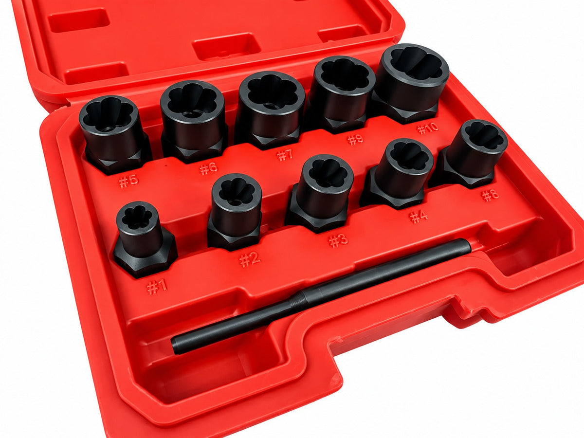 Set bussole per rimozione viti e bulloni danneggiati,9–19 mm, 11 pezzi, Gebo Tools