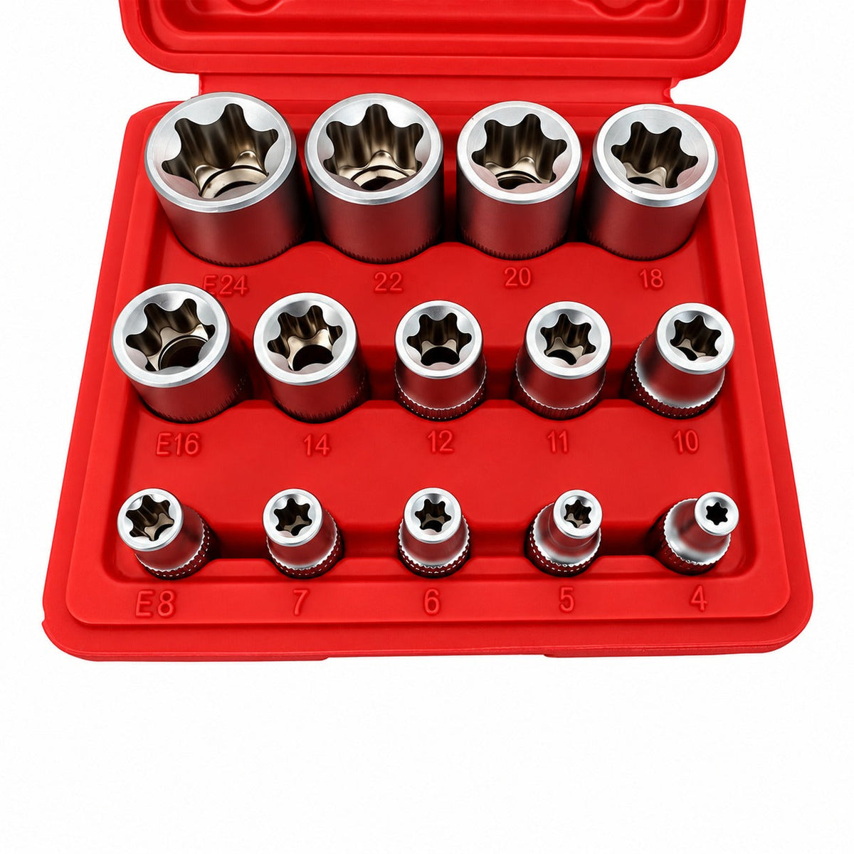Set-kit bussole E-Torx, 1/2" 1/4" 3/8", E4-E24 ,14 pezzi Gebo Tools
