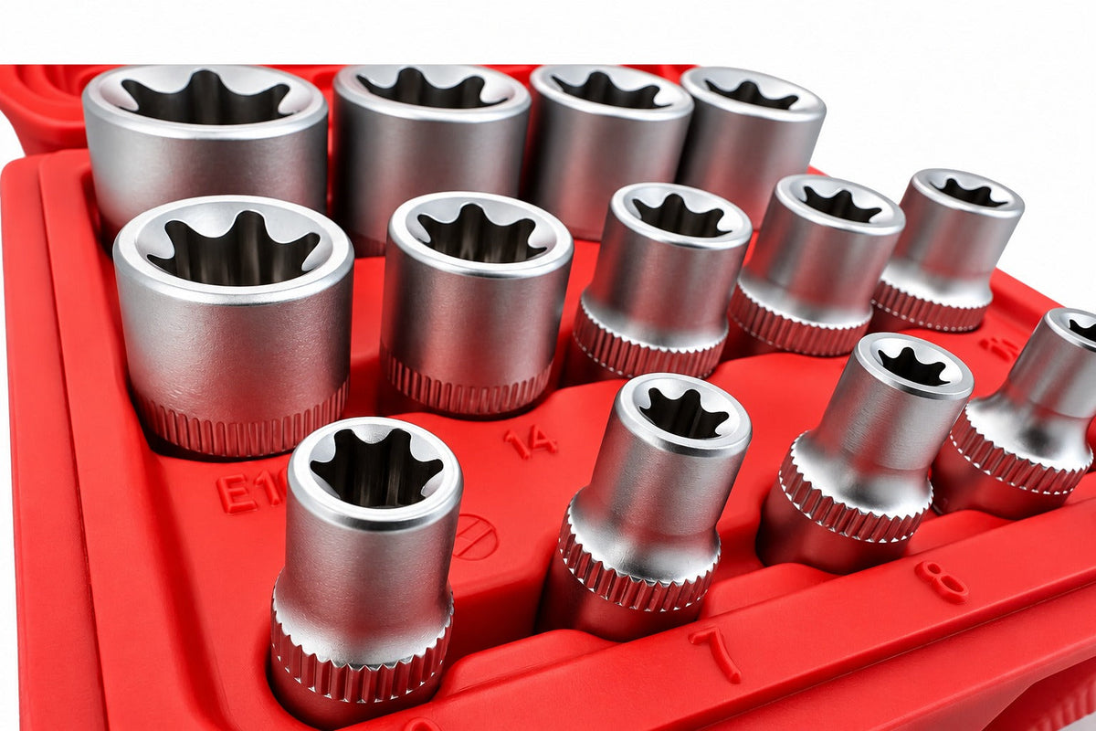 Set-kit bussole E-Torx, 1/2" 1/4" 3/8", E4-E24 ,14 pezzi Gebo Tools