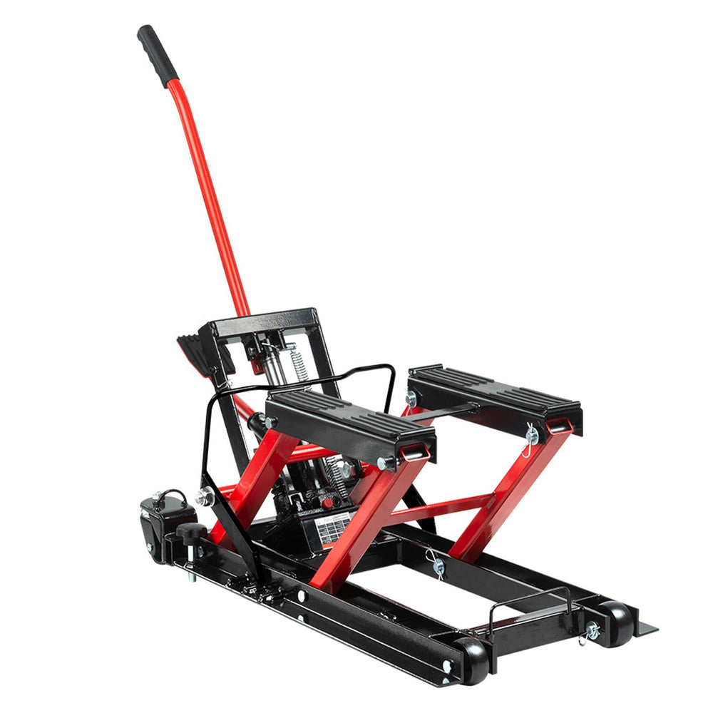 Sollevatore idraulico quad moto bici atv da officina capacità max. 680kg altezza regolabile 120-385 mm, alzamoto con ruote operazione idraulica