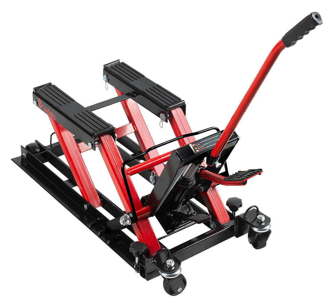 Sollevatore idraulico quad moto bici atv da officina capacità max. 680kg altezza regolabile 120-385 mm, sollevatore alzamoto con ruote officina operazione idraulica