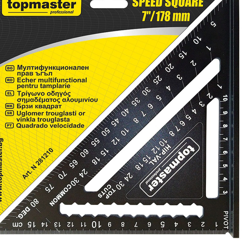Squadra da falegname e per edilizia professionale ,utensile per carpentiere, per misurazioni rapide, , 7" 178 mm - squadra per misurazioni rapide, nera, Topmaster