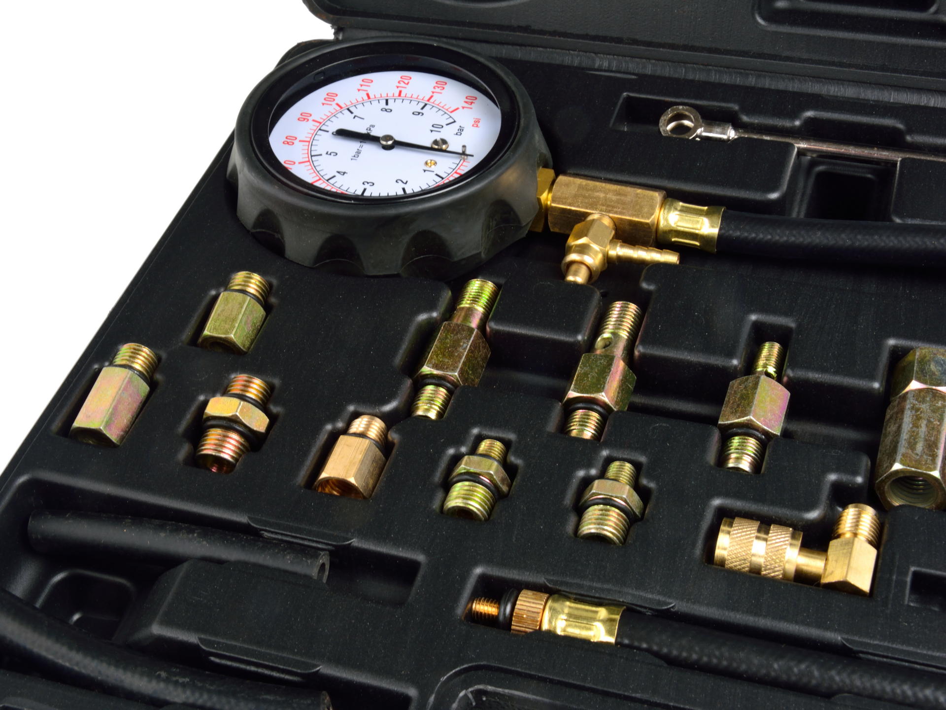 Kit tester pressione, compressione iniezione carburante, manometro diagnostico per carburante, set per testare la pressione della benzina dell’auto, 0-10 bar (0 – 140 PSI), 21 pezzi