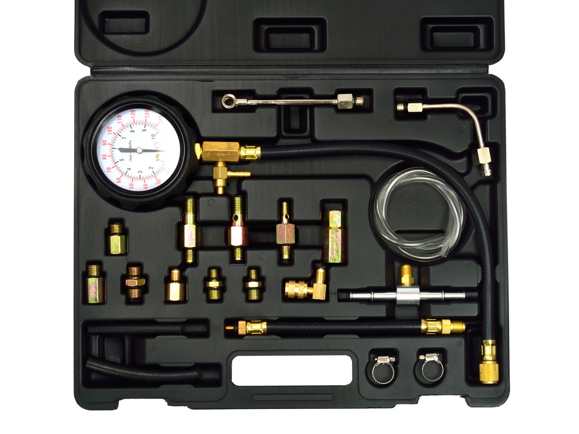 Kit tester pressione, compressione iniezione carburante, manometro diagnostico per carburante, set per testare la pressione della benzina dell’auto, 0-10 bar (0 – 140 PSI), 21 pezzi