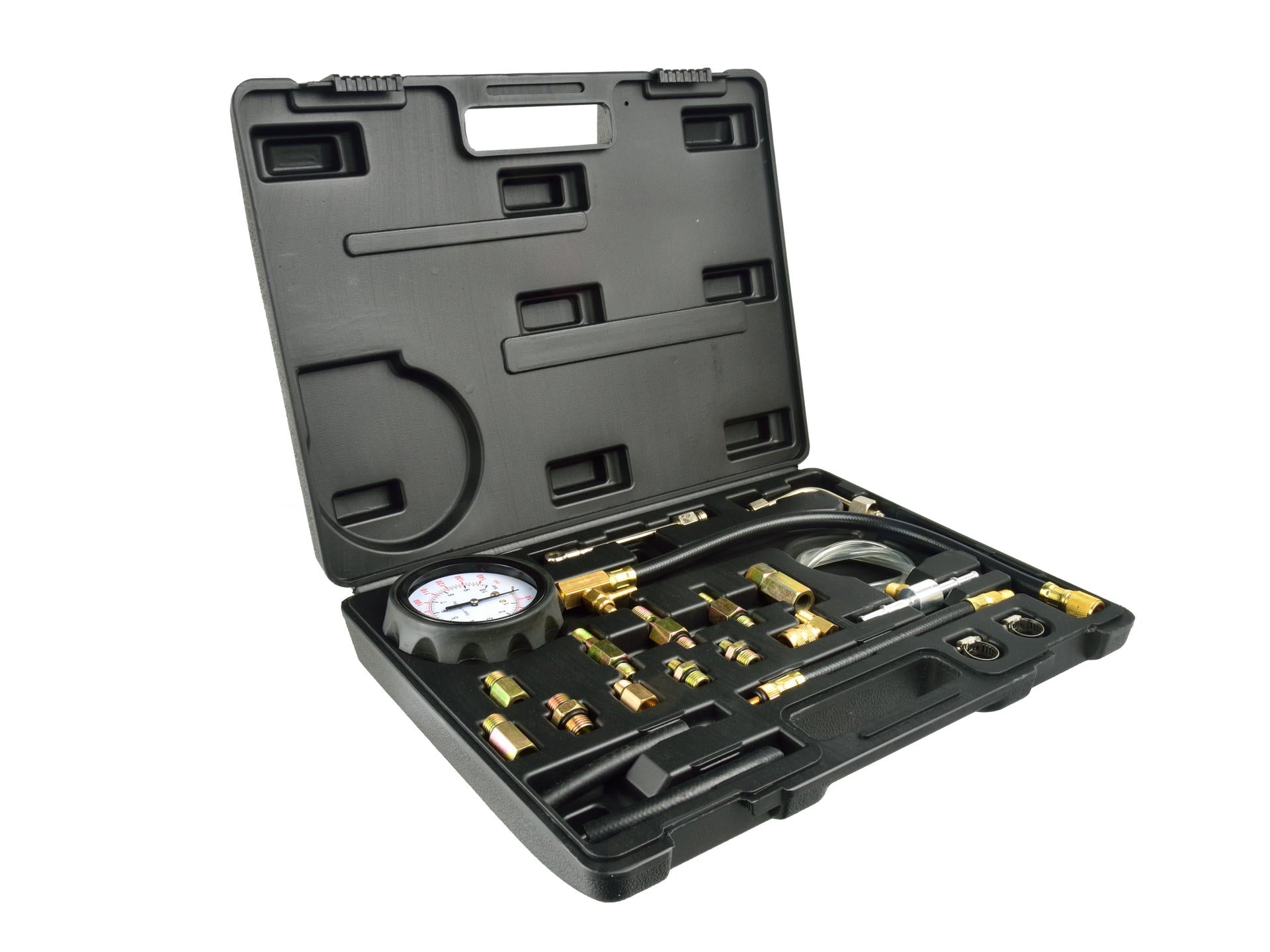 Kit tester pressione, compressione iniezione carburante, manometro diagnostico per carburante, set per testare la pressione della benzina dell’auto, 0-10 bar (0 – 140 PSI), 21 pezzi