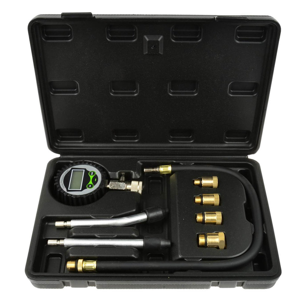 Tester digitale per compressione motori a benzina, manometro per test di pressione del motore, kit di 8 pezzi con adattatore e tubo flessibile, di precisione