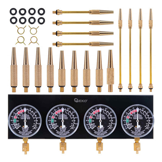 Tester pressione carburante per auto moto, sincronizzatore carburatore per vuoto set di strumenti con adattatore e 4 manometro, 26 pezzi Geko