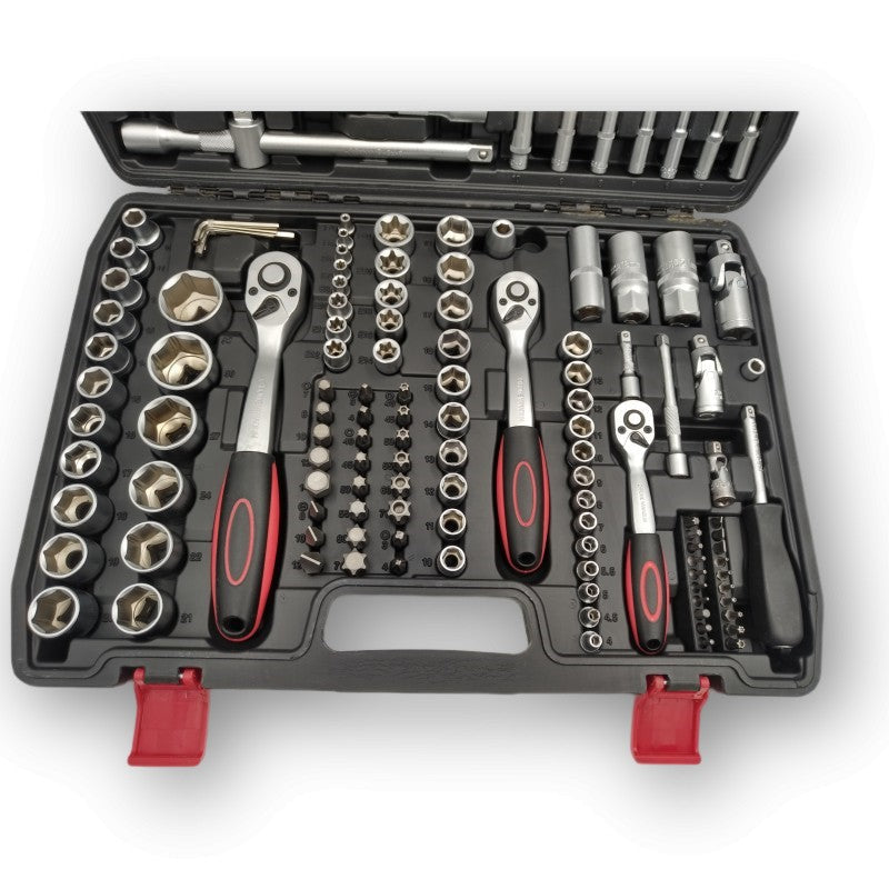 Valigetta utensili professionale 171 pezzi, serie di chiavi a bussola, torx cricchetti, prolunghe, kit attrezzi per auto, officina fai-da-te con attacchi 1/4" 3/8" 3/4"