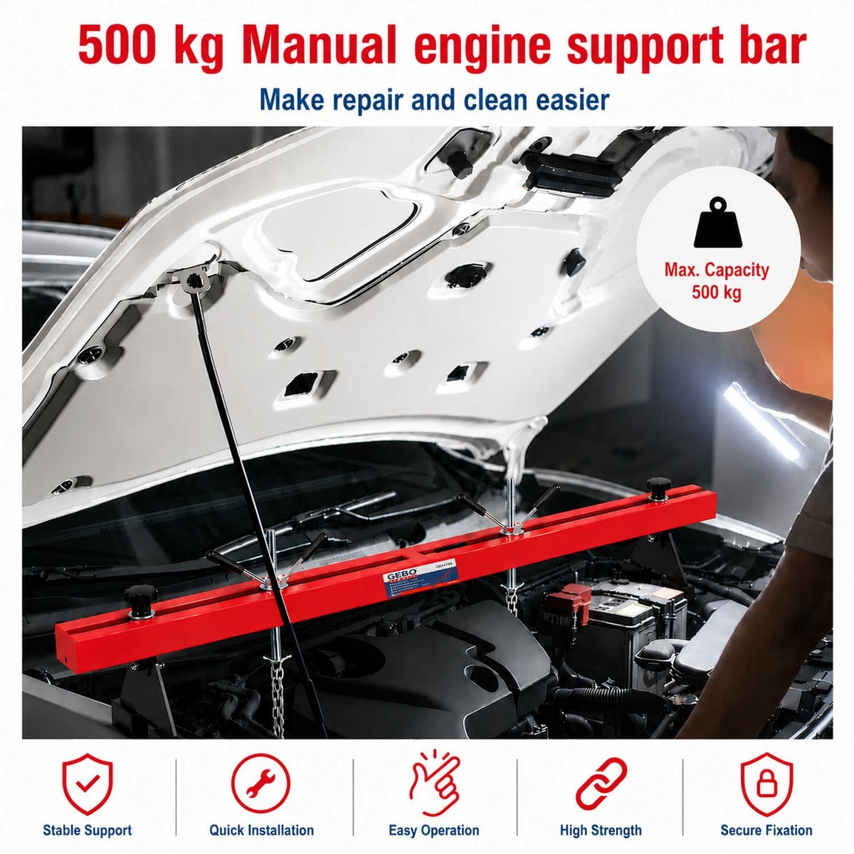 Ponte motore con portata max di 500 kg, traversa per sollevamento per riparazioni di motori, barra supporto manuale, Gebo Tools
