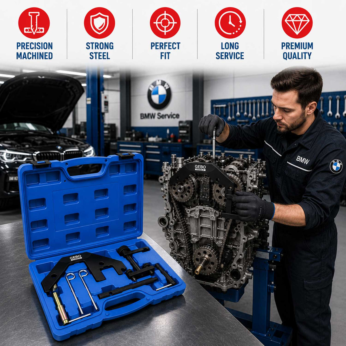 Kit-set attrezzi per messa in fase motori, per il bloccaggio della cinghia di distribuzione dell'albero a camme del motore, compatibile con BMW M47 M57 2.0 3.0 D Gebo Tools