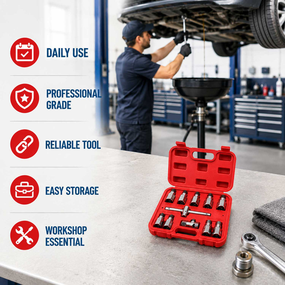 Set-kit chiavi bussol, tappo di scarico noci, attrezzi per auto e autocarri officina, 12 pezzi Gebo Tools