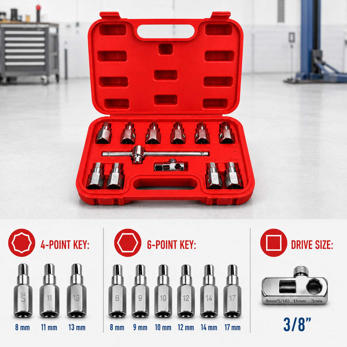Set-kit chiavi bussol, tappo di scarico noci, attrezzi per auto e autocarri officina, 12 pezzi Gebo Tools