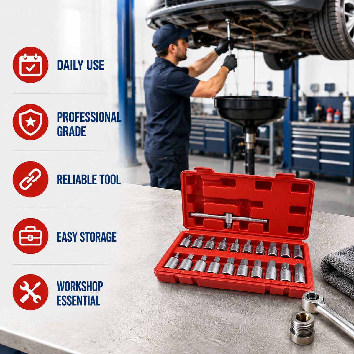 Set-kit chiavi bussole,tappo di scarico noci, attrezzi per auto e autocarri officina 21 pezzi Gebo Tools