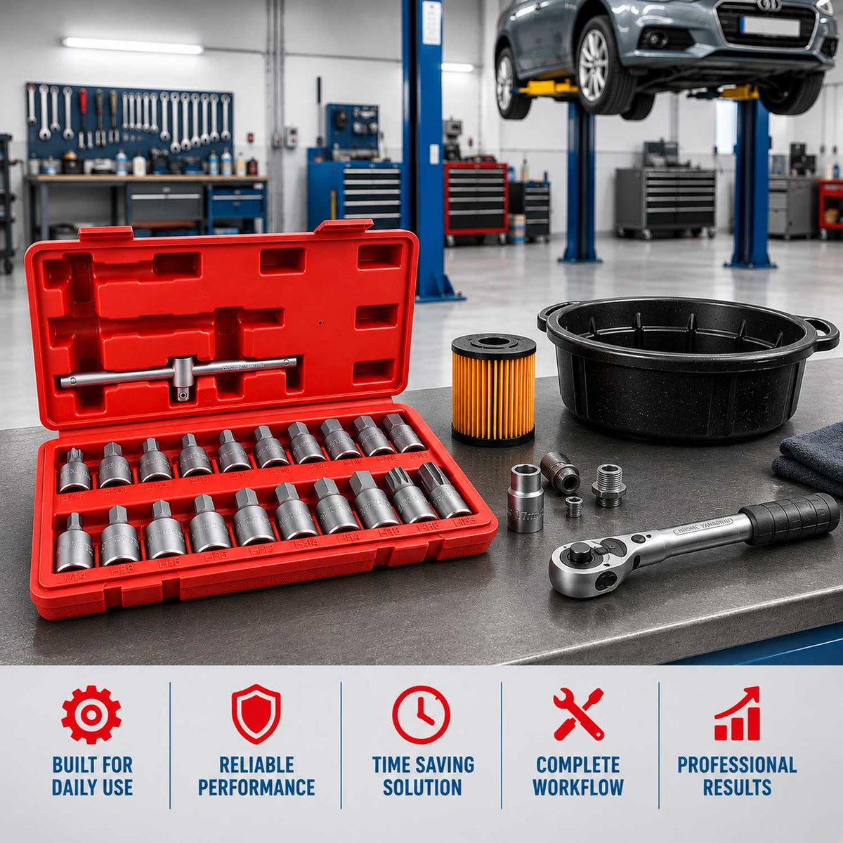 Set-kit chiavi bussole,tappo di scarico noci, attrezzi per auto e autocarri officina 21 pezzi Gebo Tools
