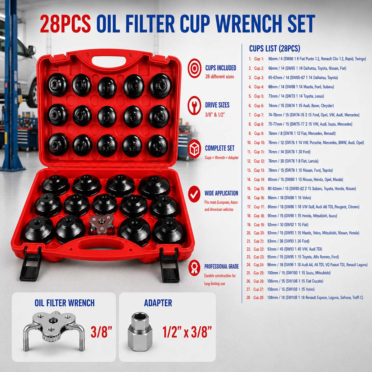 Set-kit chiavi a tazza per filtro olio, coppe smontare filtri auto, 30 pezzi Gebo Tools