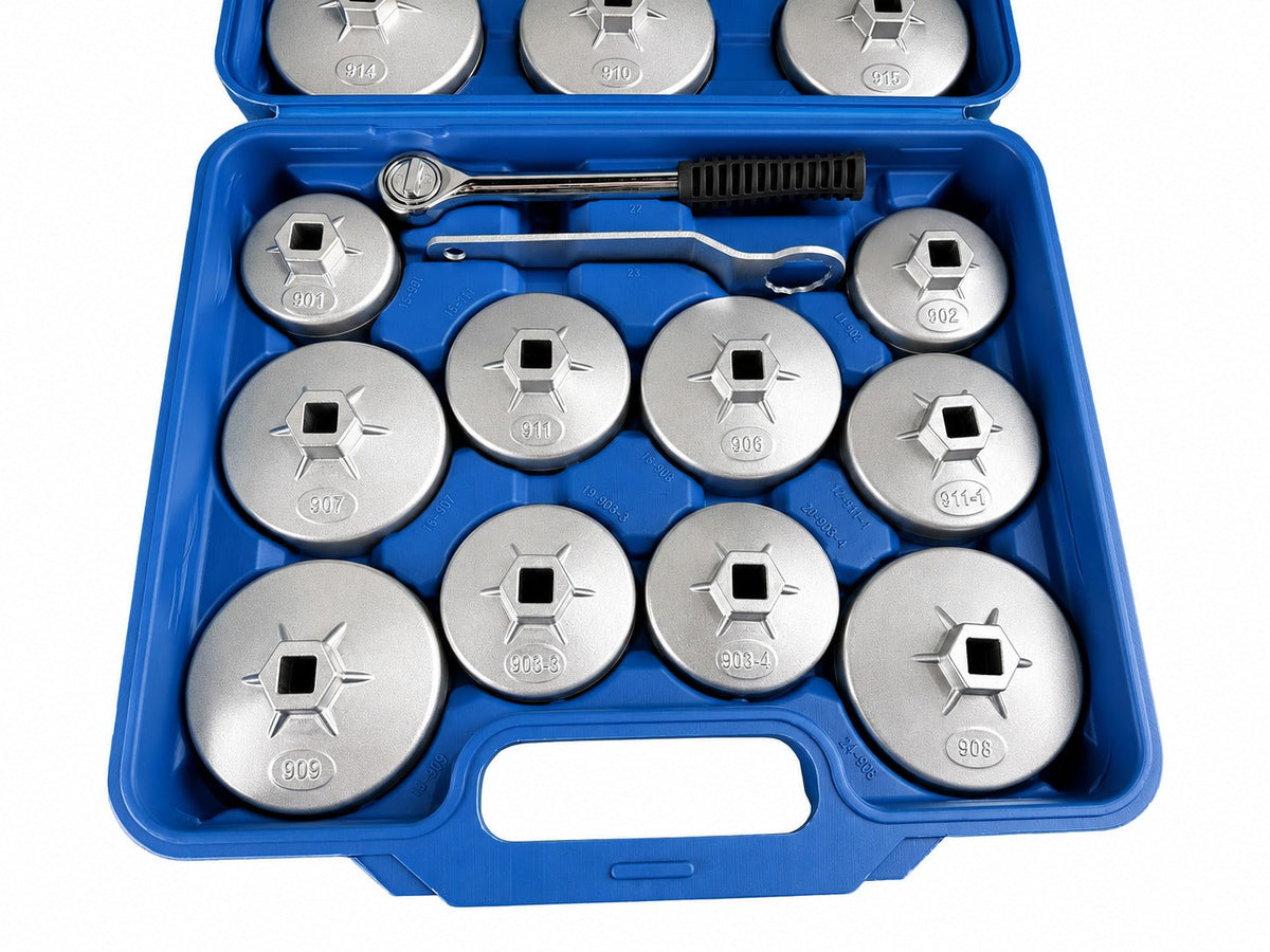 Set-kit di chiavi in alluminio per tappi dei filtri olio auto, attacco 1/2" con cricchetto, 23 pezzi  Gebo Tools