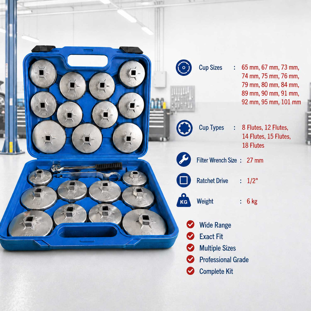 Set-kit di chiavi in alluminio per tappi dei filtri olio auto, attacco 1/2" con cricchetto, 23 pezzi  Gebo Tools