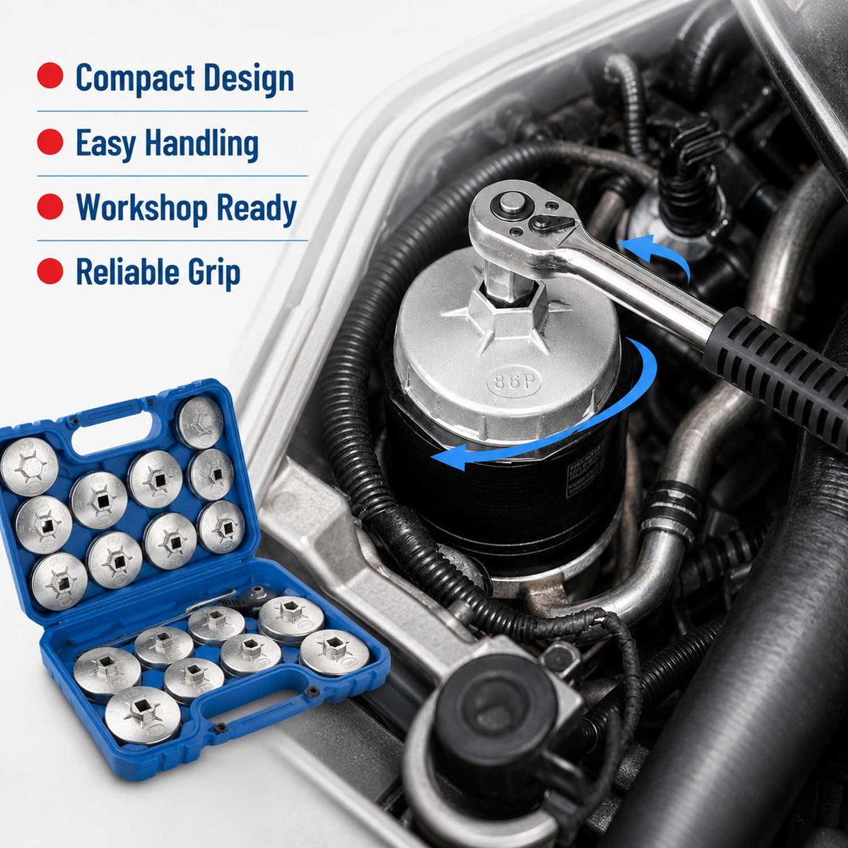 Set-kit di chiavi in alluminio per tappi dei filtri olio auto, attacco 1/2" con cricchetto, 23 pezzi  Gebo Tools