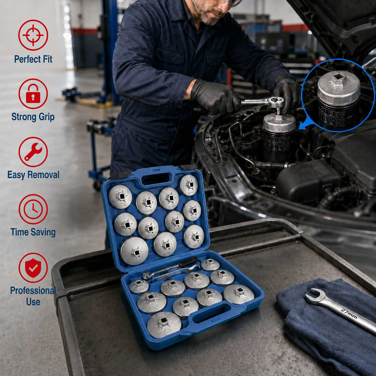Set-kit di chiavi in alluminio per tappi dei filtri olio auto, attacco 1/2" con cricchetto, 23 pezzi  Gebo Tools