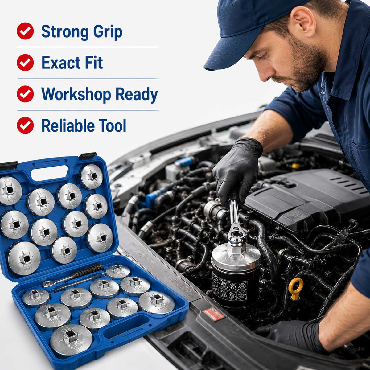Set-kit di chiavi in alluminio per tappi dei filtri olio auto, attacco 1/2" con cricchetto, 23 pezzi  Gebo Tools