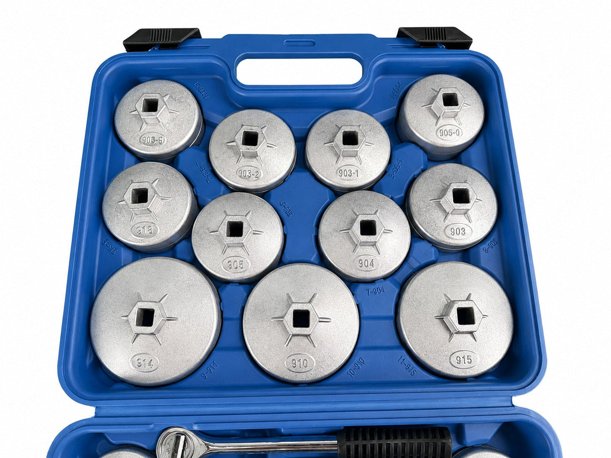 Set-kit di chiavi in alluminio per tappi dei filtri olio auto, attacco 1/2" con cricchetto, 23 pezzi  Gebo Tools