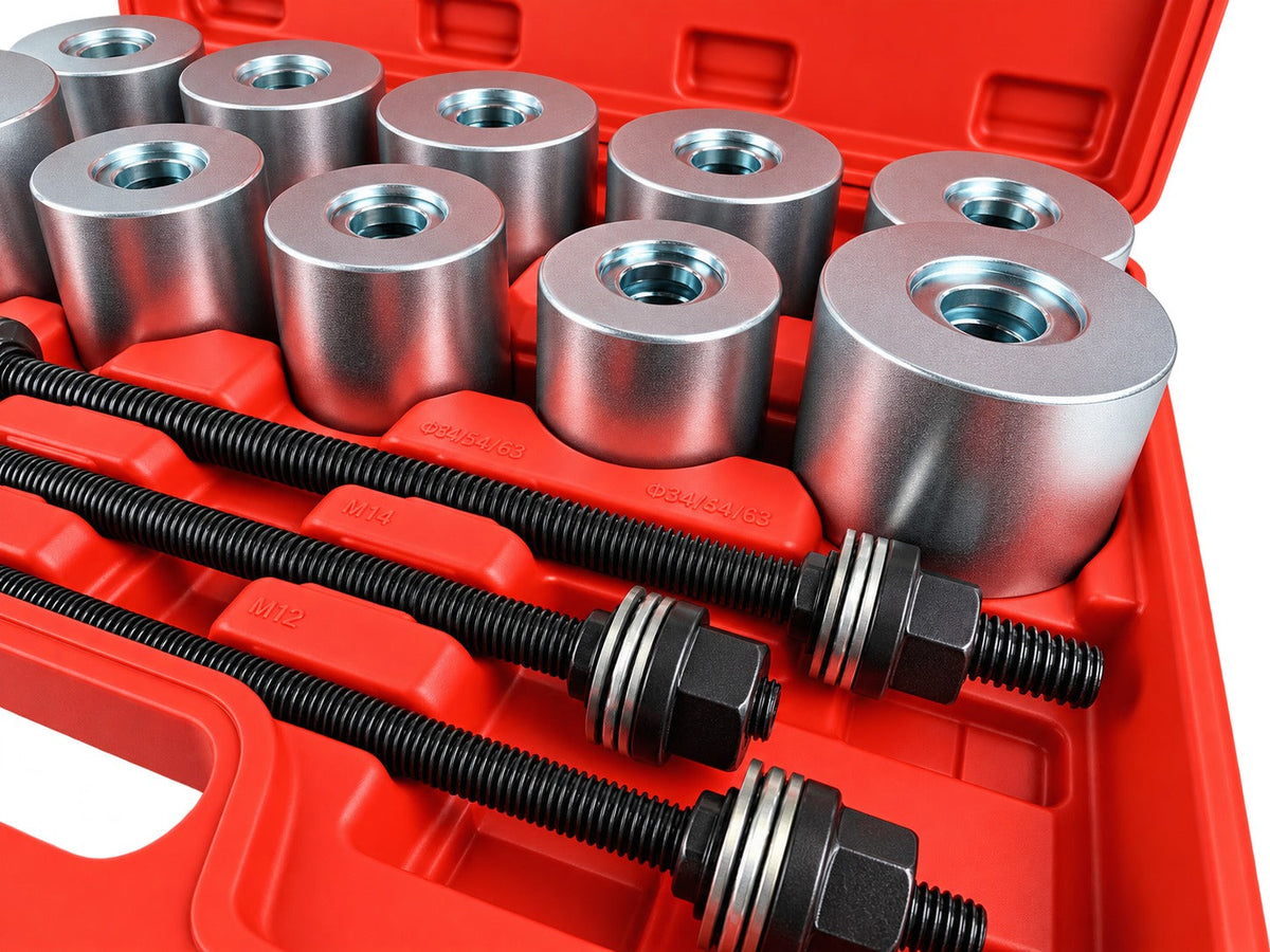 Set-kit estrattore silent block auto, 34–90 mm con manicotti universali  per rimozione sicura di cuscinetti e boccole Gebo Tools