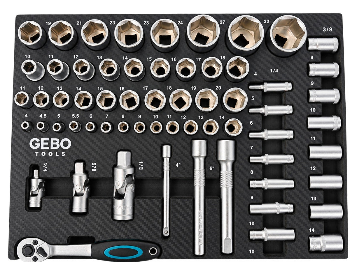 Modulo con inserto in schiuma per carrelli portautensili, kit chiavi bussole e cricchetti ,81 pezzi Gebo Tools