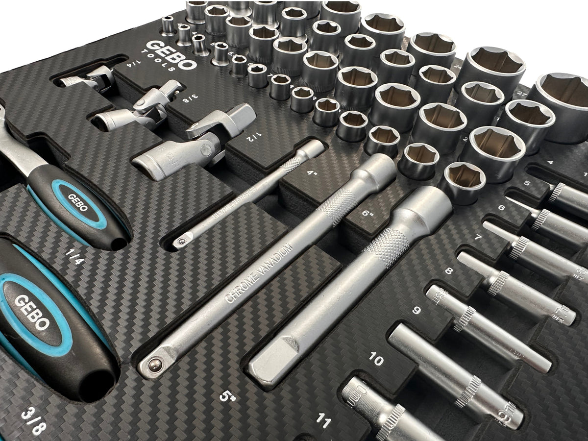 Modulo con inserto in schiuma per carrelli portautensili, kit chiavi bussole e cricchetti ,81 pezzi Gebo Tools