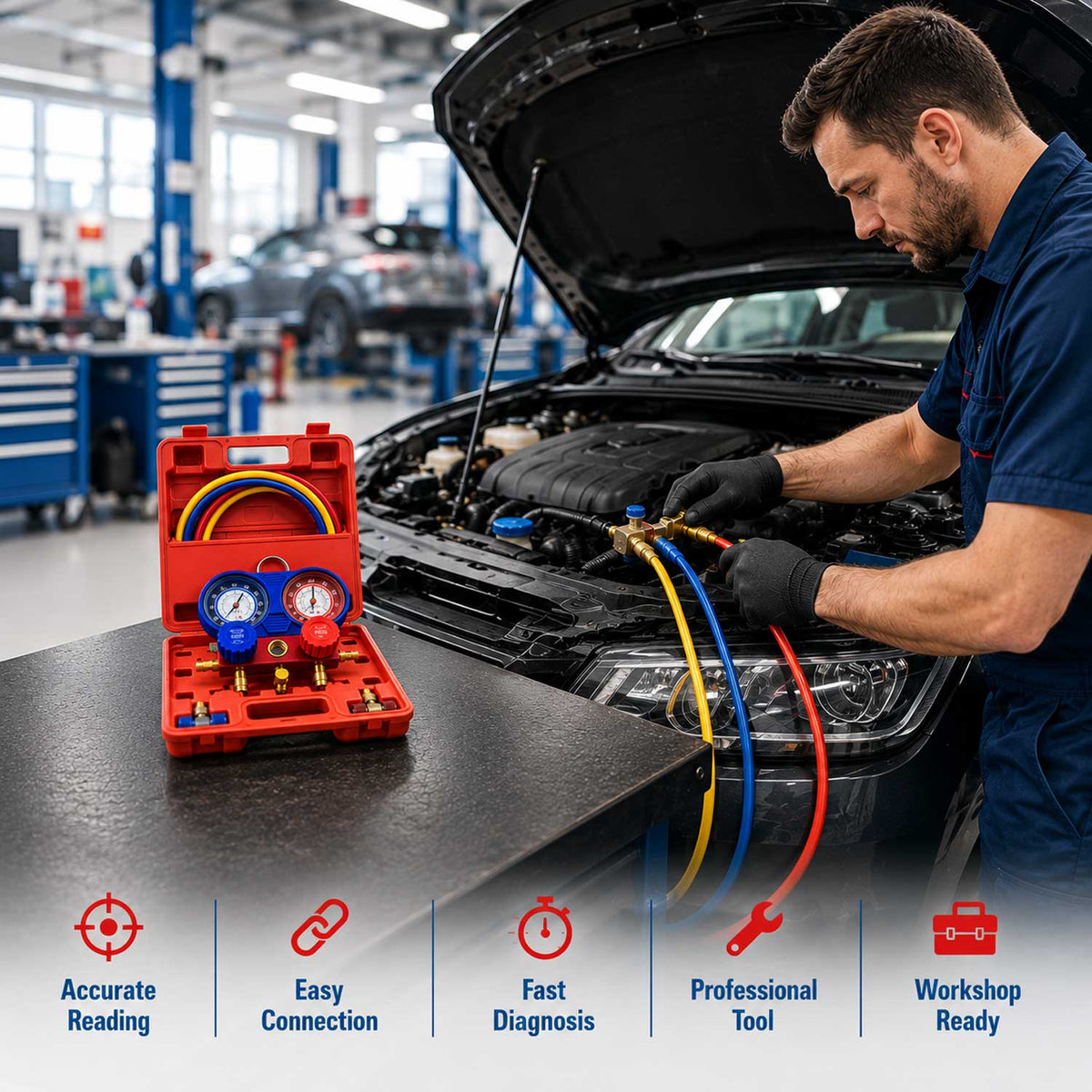 Set-kit pompa vuoto per condizionatori con manometri, ricarica aria condizionata per refrigeranti, manometro per diagnosi gas Gebo Tools
