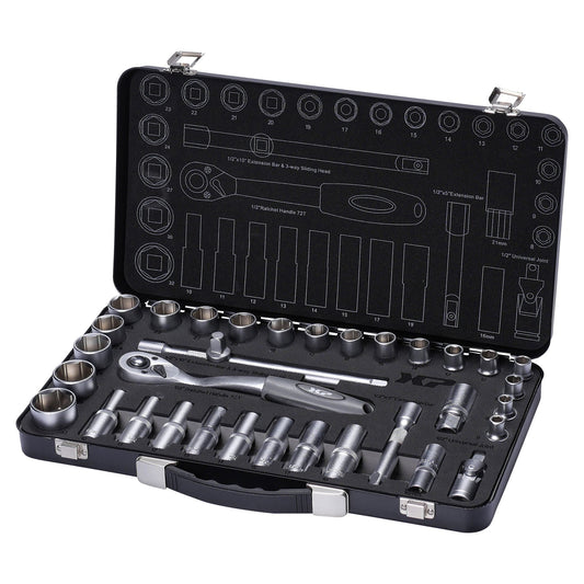Valigetta chiavi a bussola e cricchetto, kit-set attrezzi per auto, officina, fai-da-te, con attacco 1/2", 34 pezzi