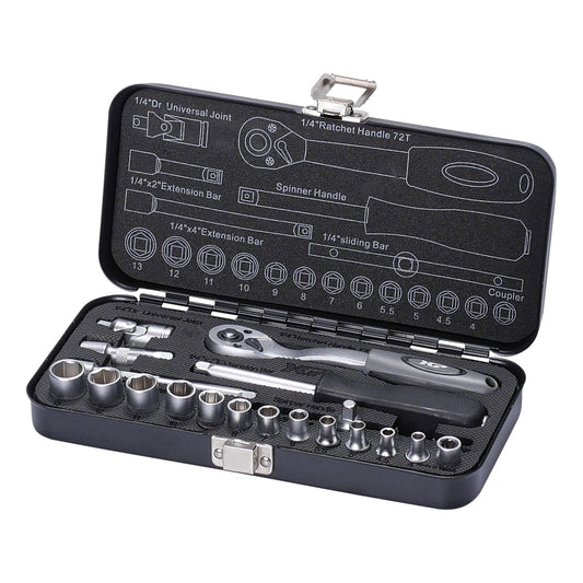 Valigetta chiavi a bussola e cricchetto, kit-set attrezzi per auto, officina, fai-da-te, con attacco 1/4", 20 pezzi