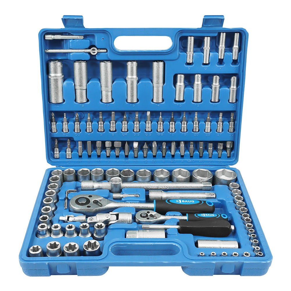 Valigetta utensili professionale con set-kit di chiavi a bussola in acciaio al carbonio, torx, cricchetti, prolunghe, attrezzi per auto, officina fai-da-te con attacchi 1/2" e 1/4", 108 pezzi Baug