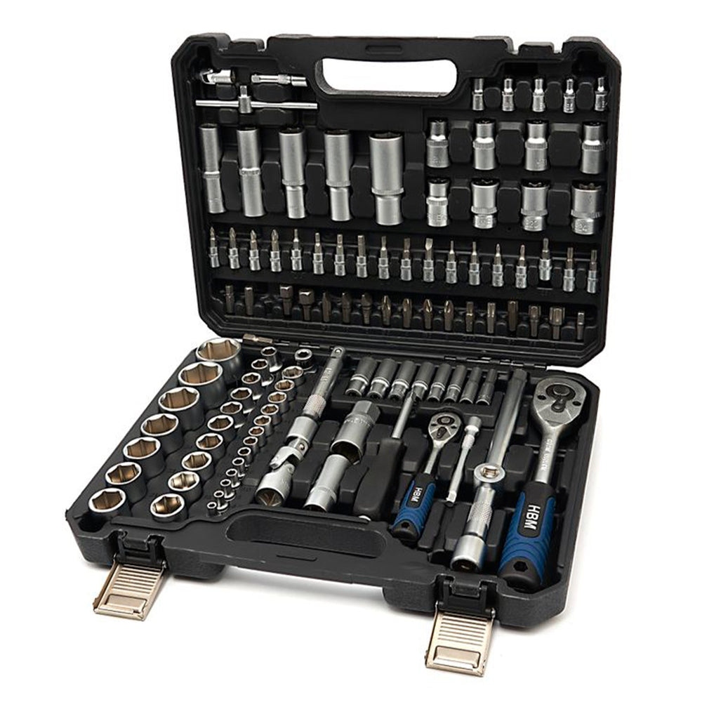Valigetta utensili professionale con set-kit di chiavi a bussola in acciaio al carbonio, torx, cricchetti, prolunghe, attrezzi per auto, officina fai-da-te con attacchi 1/2" e 1/4", 108 pezzi Hbm Machines