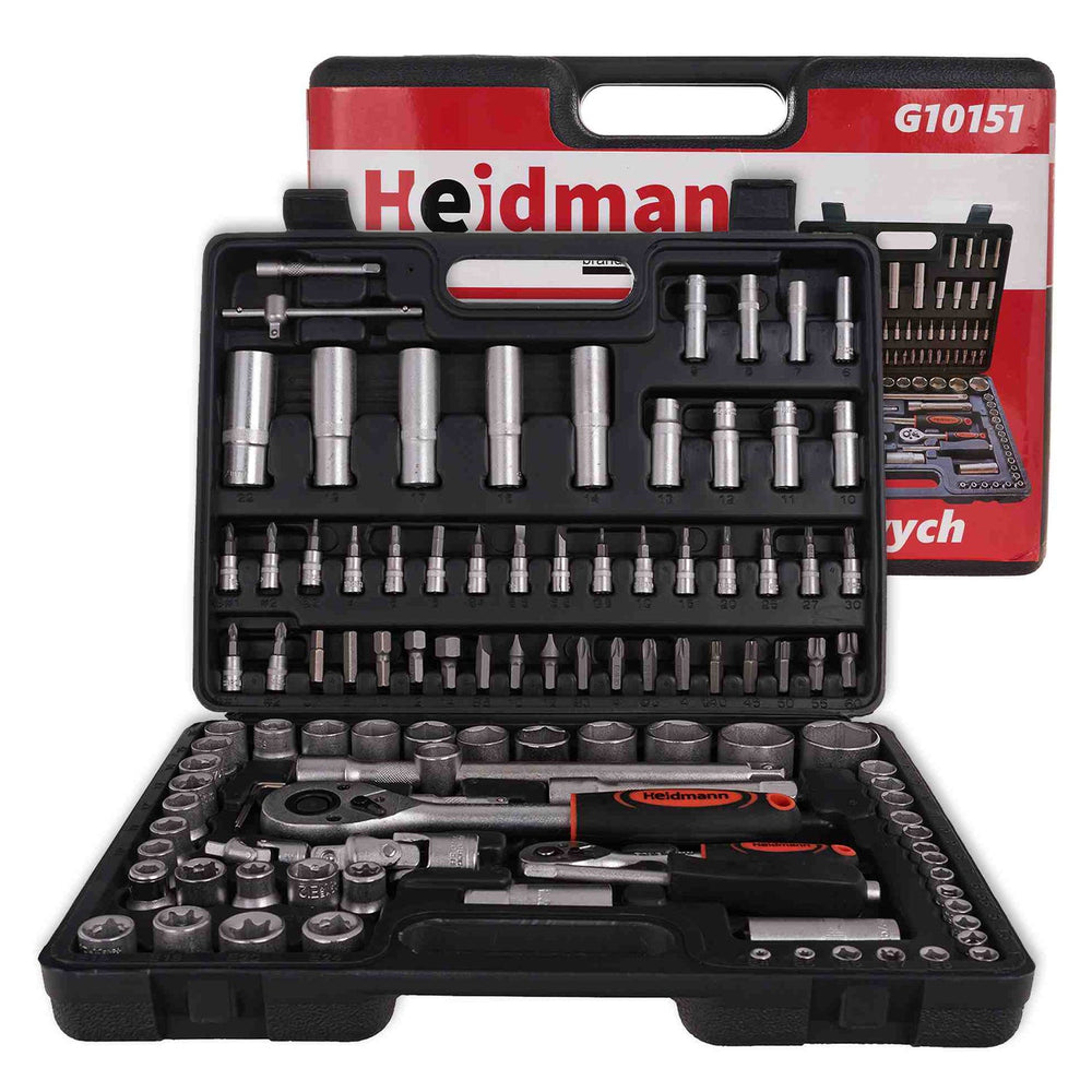 Valigetta utensili professionale con set-kit di chiavi a bussola, torx, cricchetti, prolunghe, attrezzi per auto, officina fai-da-te con attacchi 1/2" e 1/4", 108 pezzi Heidmann