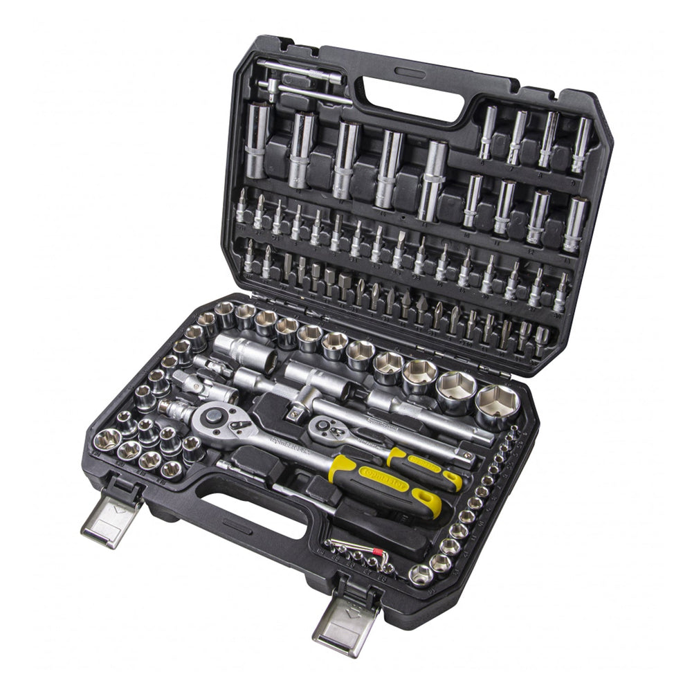 Valigetta utensili professionale con set-kit di chiavi a bussola, torx, cricchetti, prolunghe, attrezzi per auto, officina fai-da-te con attacchi 1/2" e 1/4", 108 pezzi Topmaster Pro