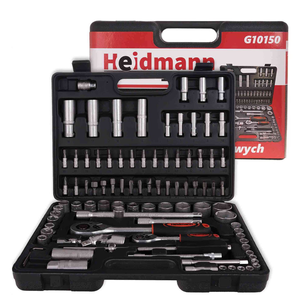 Valigetta utensili professionale con set-kit di chiavi a bussola, torx cricchetti, prolunghe, attrezzi per auto, officina fai-da-te con attacchi 1/4" 1/2'' 94 pezzi Heidmann