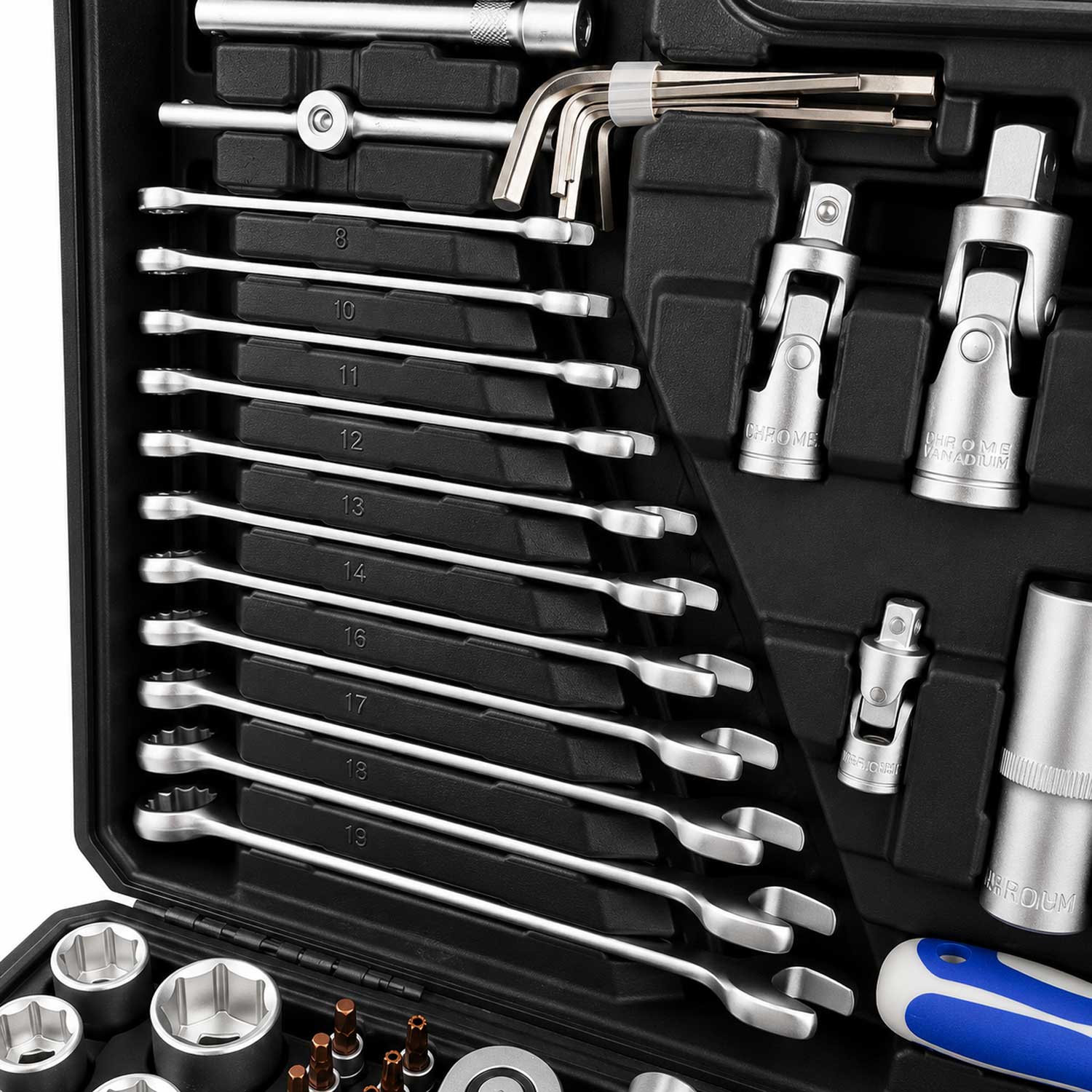Valigetta utensili professionale, set di chiavi a bussola, inserti Torx cricchetti, chiavi combinate, chiavi a brugola, prolunghe, kit attrezzi per auto, officina fai-da-te con attacchi 1/4" 1/2'' 3/8'', 216 pezzi Gebo Tools