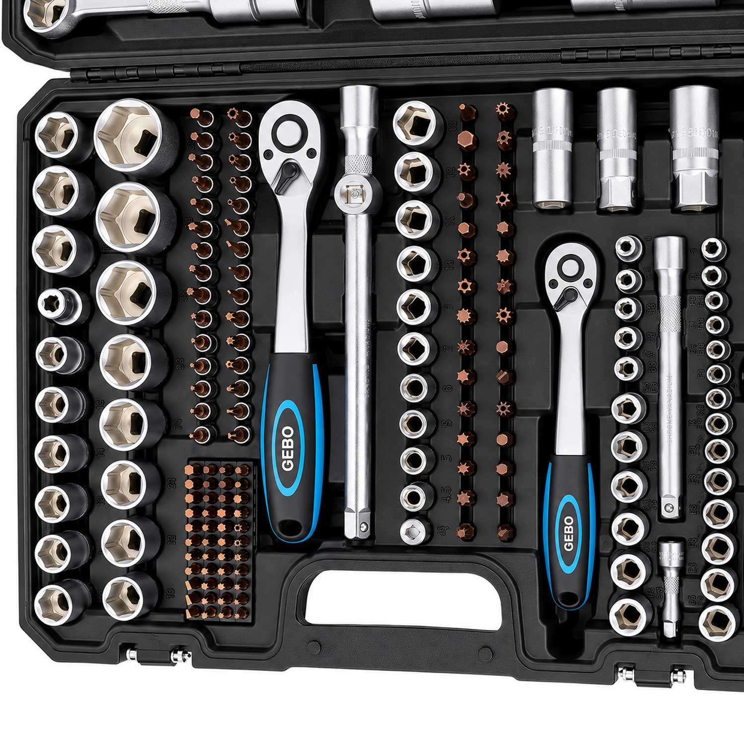 Valigetta utensili professionale, set di chiavi a bussola, inserti Torx cricchetti, chiavi combinate, chiavi a brugola, prolunghe, kit attrezzi per auto, officina fai-da-te con attacchi 1/4" 1/2'' 3/8'', 216 pezzi Gebo Tools