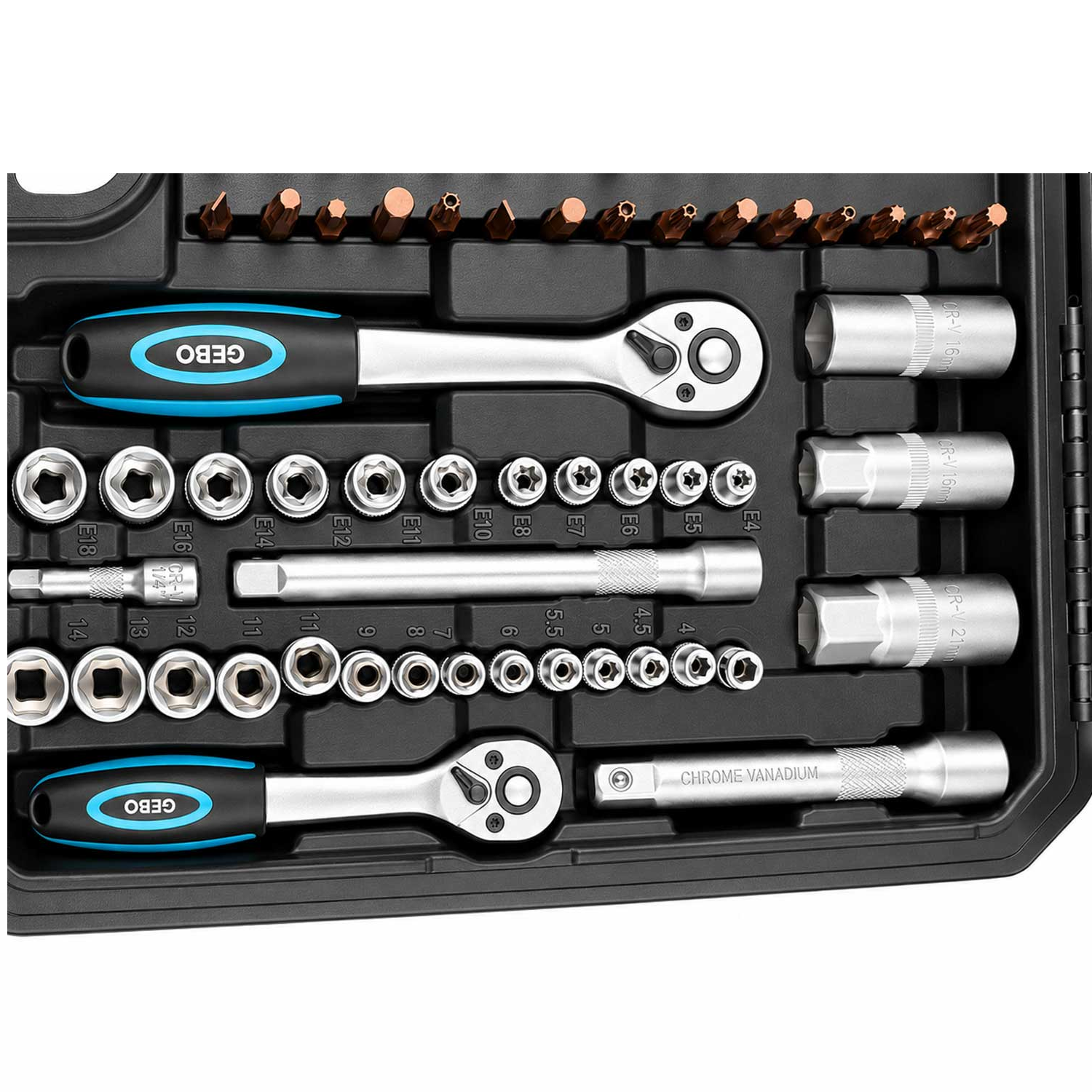 Valigetta utensili professionale, set di chiavi a bussola, inserti Torx cricchetti, chiavi combinate, chiavi a brugola, prolunghe, kit attrezzi per auto, officina fai-da-te con attacchi 1/4" 1/2'' 3/8'', 216 pezzi Gebo Tools