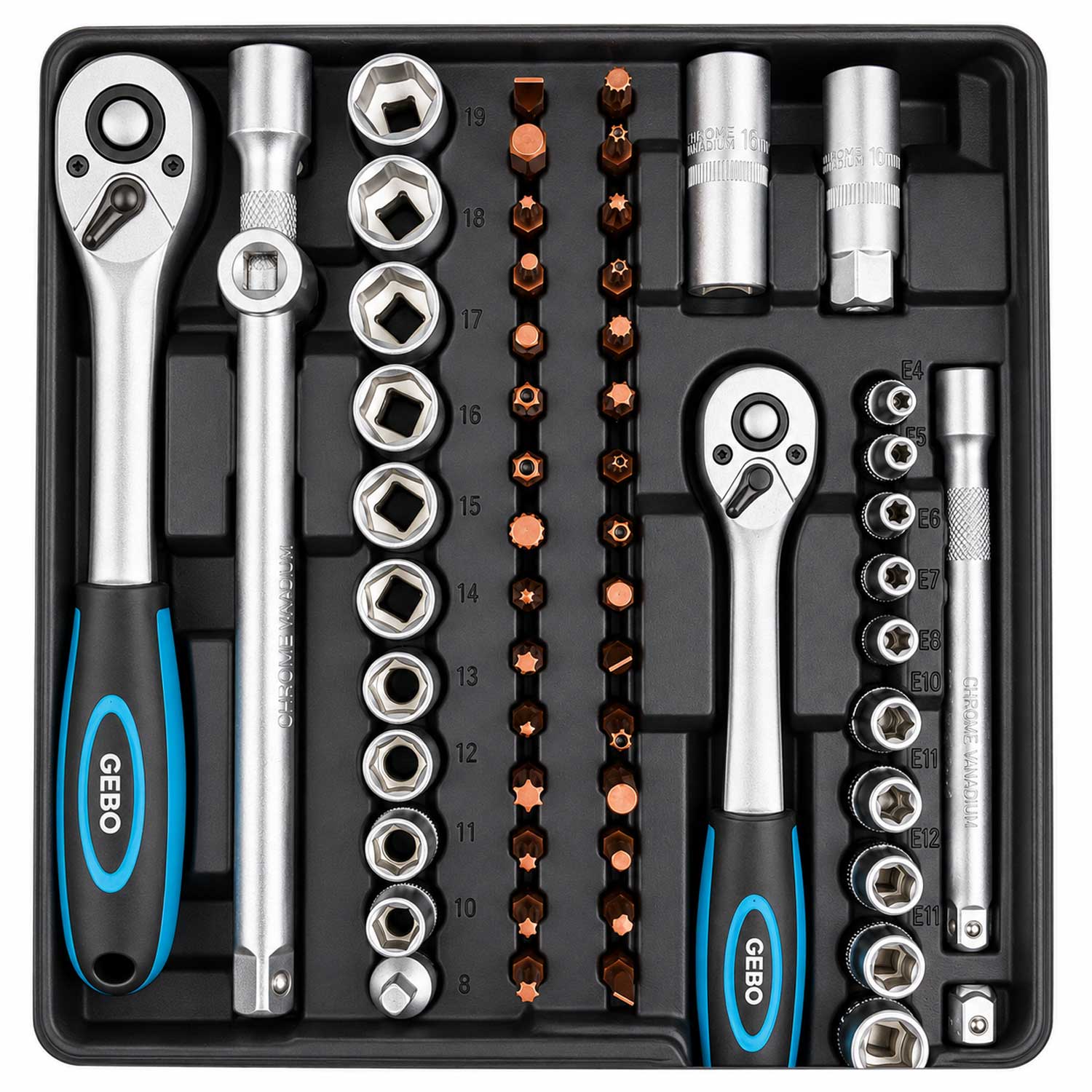 Valigetta utensili professionale, set di chiavi a bussola, inserti Torx cricchetti, chiavi combinate, chiavi a brugola, prolunghe, kit attrezzi per auto, officina fai-da-te con attacchi 1/4" 1/2'' 3/8'', 216 pezzi Gebo Tools