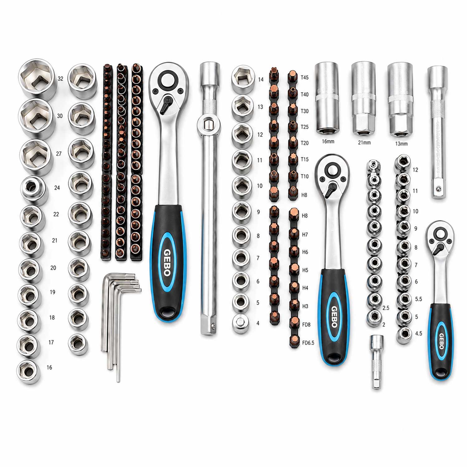 Valigetta utensili professionale, set di chiavi a bussola, inserti Torx cricchetti, chiavi combinate, chiavi a brugola, prolunghe, kit attrezzi per auto, officina fai-da-te con attacchi 1/4" 1/2'' 3/8'', 216 pezzi Gebo Tools