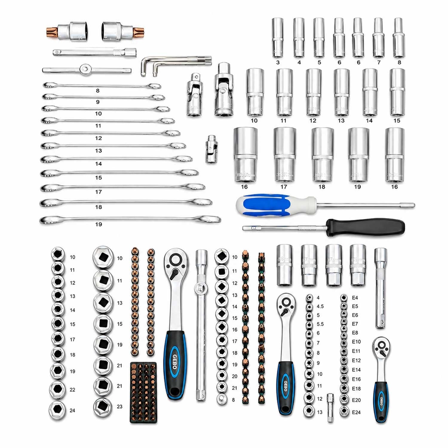 Valigetta utensili professionale, set di chiavi a bussola, inserti Torx cricchetti, chiavi combinate, chiavi a brugola, prolunghe, kit attrezzi per auto, officina fai-da-te con attacchi 1/4" 1/2'' 3/8'', 216 pezzi Gebo Tools