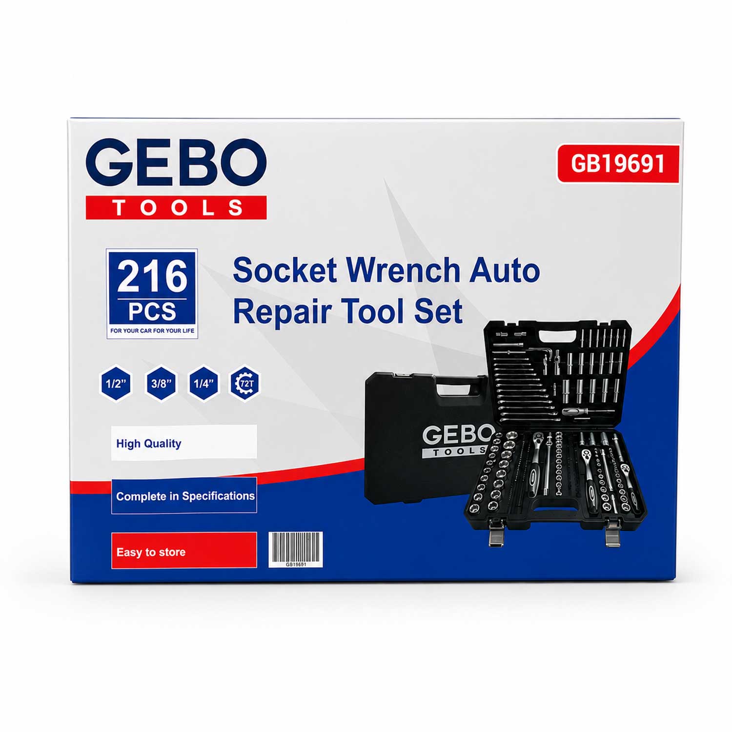 Valigetta utensili professionale, set di chiavi a bussola, inserti Torx cricchetti, chiavi combinate, chiavi a brugola, prolunghe, kit attrezzi per auto, officina fai-da-te con attacchi 1/4" 1/2'' 3/8'', 216 pezzi Gebo Tools