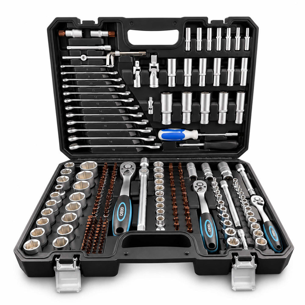 Valigetta utensili professionale, set di chiavi a bussola, inserti Torx cricchetti, chiavi combinate, chiavi a brugola, prolunghe, kit attrezzi per auto, officina fai-da-te con attacchi 1/4" 1/2'' 3/8'', 216 pezzi Gebo Tools