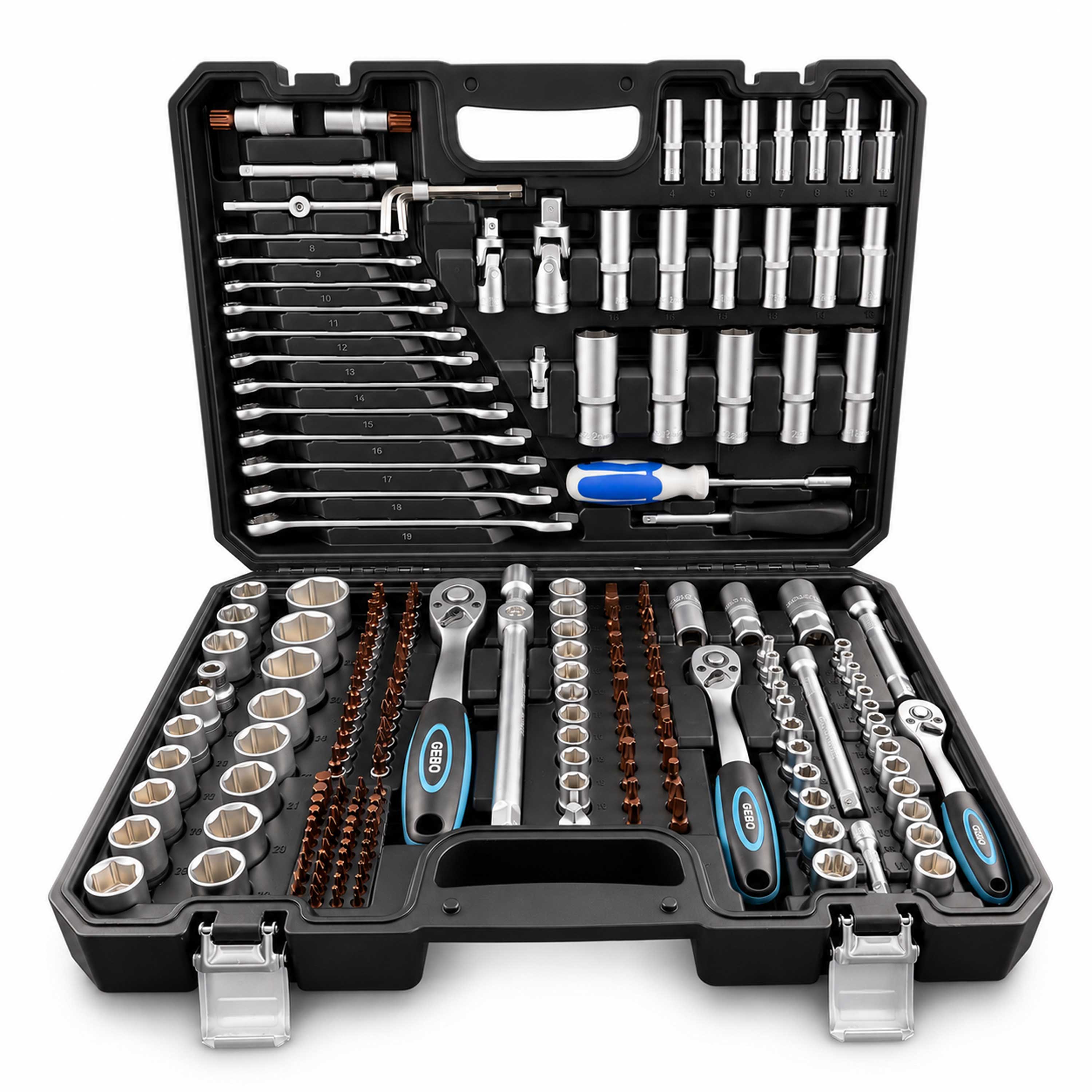 Valigetta utensili professionale, set di chiavi a bussola, inserti Torx cricchetti, chiavi combinate, chiavi a brugola, prolunghe, kit attrezzi per auto, officina fai-da-te con attacchi 1/4" 1/2'' 3/8'', 216 pezzi Gebo Tools