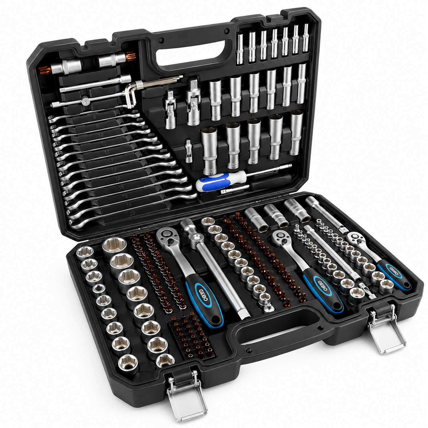 Valigetta utensili professionale, set di chiavi a bussola, inserti Torx cricchetti, chiavi combinate, chiavi a brugola, prolunghe, kit attrezzi per auto, officina fai-da-te con attacchi 1/4" 1/2'' 3/8'', 216 pezzi Gebo Tools